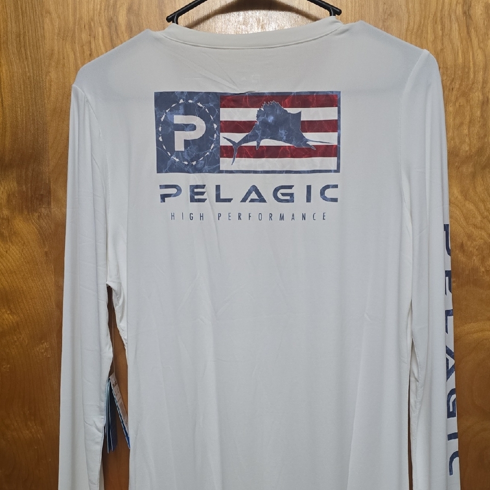 Pelagic White Long Sleeve Performance Tee with American Flag Graphic